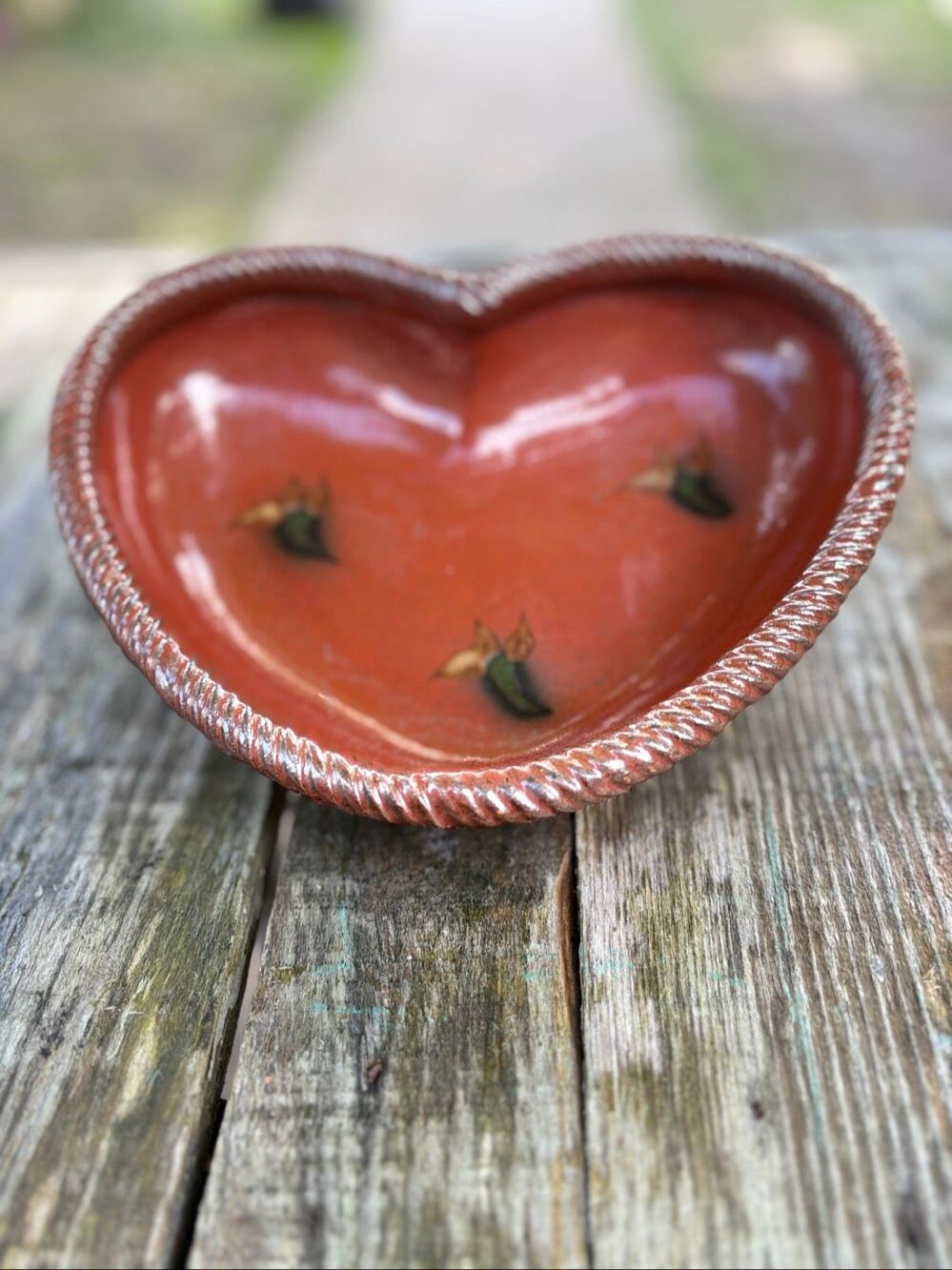 Unknown Studio Pottery Heart Bowl Red Floral Ceramic Folk Art Cottagecore